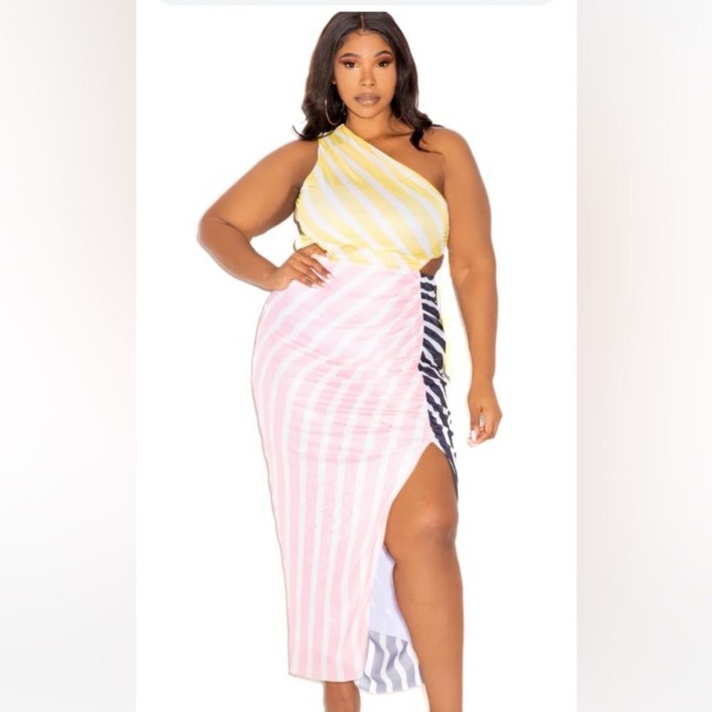 Buxom Couture MULTI STRIPE ONE SHOULDER DRESS WITH CUTOUT WAIST DETAIL